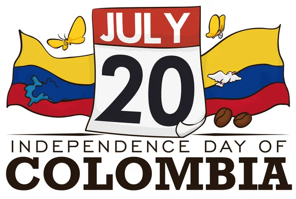 Calendario con banderas e iconos colombianos para celebrar el Día de la Independencia, ilustración vectorial — Vector de stock