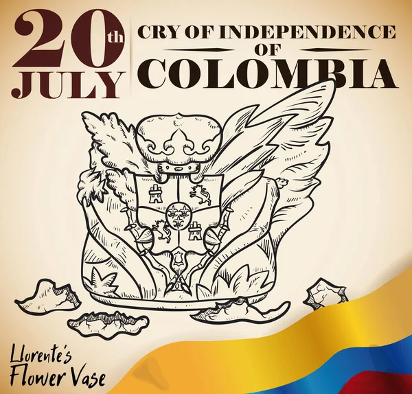 Florero y bandera de Llorente dibujada a mano para la independencia colombiana, ilustración vectorial — Archivo Imágenes Vectoriales