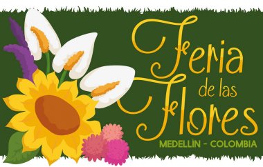 Kolombiyalı çiçek Festivali, vektör çizim için çim Banner üzerinden çiçek aranjmanı
