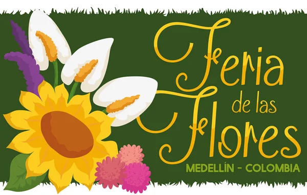 Arrangement de fleurs sur bannière d'herbe pour le festival des fleurs colombiennes, Illustration vectorielle — Image vectorielle