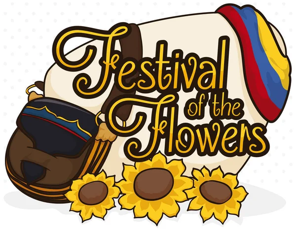 Carriel Colombiano, Girasoles y Bandera para el Festival de las Flores, Ilustración Vectorial — Vector de stock