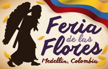 Kadın Silletero, Kolombiyalı bayrak ve yaprakları çiçek Festivali, vektör çizim için