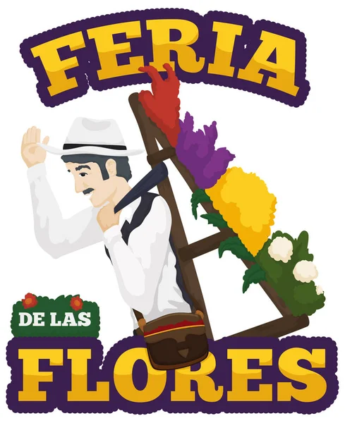 Hombre mayor llevando una colorida silleta para el festival de las flores, ilustración vectorial — Archivo Imágenes Vectoriales