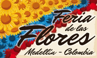Floral Arrangement like Colombian flag over Scroll for Flowers Festival, Vector Illustration clipart