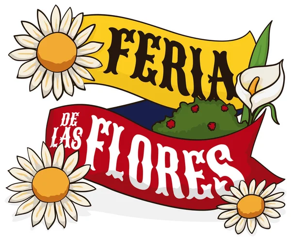 Aranjament floral asupra panglicii columbiene pentru Festivalul Florilor, Ilustrație vectorială — Vector de stoc