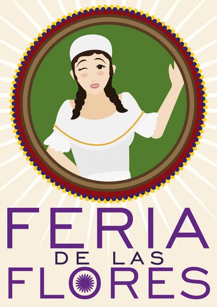 Rund knapp med Paisa kvinna för colombianska blommor Festival, vektorillustration — Stock vektor