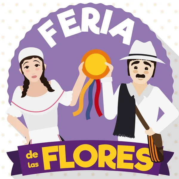 Традиційні Arriero пари святкують з премією з Колумбійський квіти фестиваль, Векторні ілюстрації — стоковий вектор