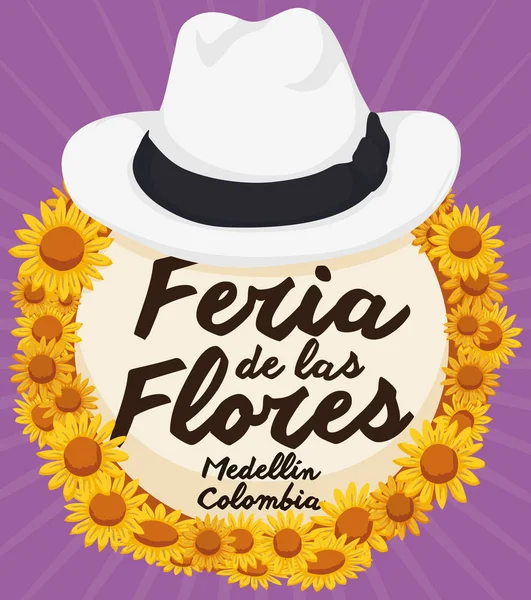 Sombrero Arriero de paja tradicional con margaritas para el Festival de las Flores Colombianas, Vector Ilustración — Archivo Imágenes Vectoriales