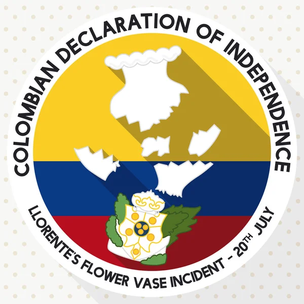 Круглая кнопка с разбитой вазой ко Дню независимости Колумбии, векторная иллюстрация — стоковый вектор