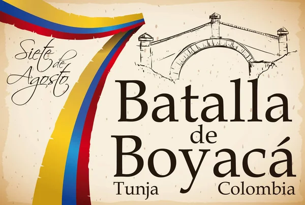 Cinta como bandera colombiana sobre pergamino con diseño de puente de Boyaca, ilustración vectorial — Vector de stock