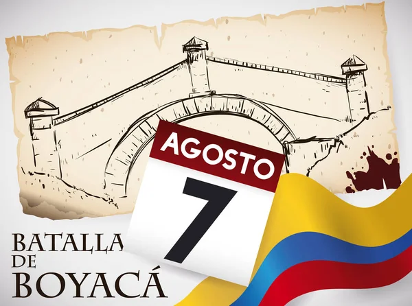 Pamětní ručně kreslenou Boyaca mezník most, kalendář a Kolumbijská vlajka, vektorové ilustrace — Stockový vektor
