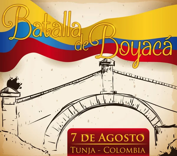 Bandera colombiana ondeando e ilustración conmemorando la batalla de Boyaca, ilustración vectorial — Vector de stock
