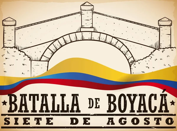 Puente de Boyaca dibujado a mano y bandera colombiana para la batalla de Boyaca, ilustración vectorial — Archivo Imágenes Vectoriales