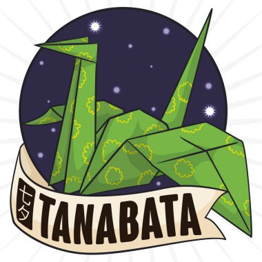 Origami turna yıldızlı etiketli ve şerit Tanabata festivale, illüstrasyon vektör