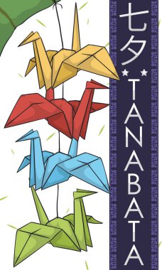 Renkli Origami Vinçler dekorasyon Tanabata Festival için vektör çizim bambu üzerinde asılı