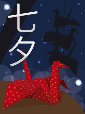Noktalı kırmızı Origami turna Tanabata, vektör çizim bir yıldızlı gece