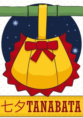 Kinchaku bir bambu şube Tanabata Festival için vektör çizim asılı çanta