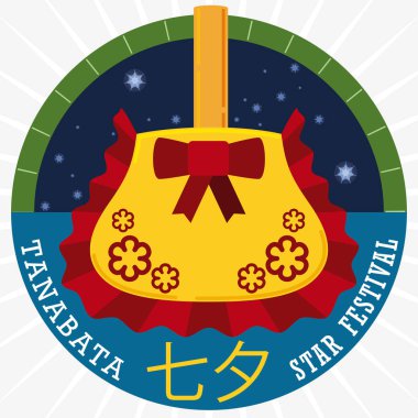 Kinchaku çanta asılı Tanabata festivale, yıldızlı yuvarlak düğmeyle illüstrasyon vektör