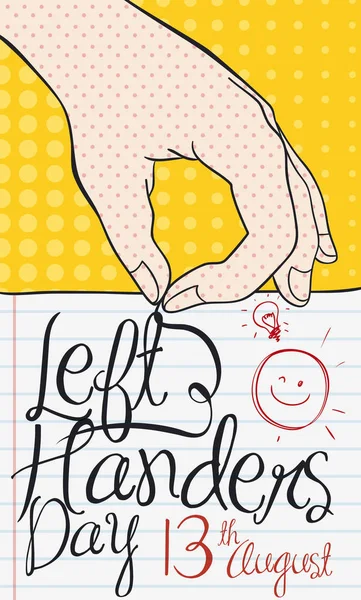 Hand Holding a Notebook Paper with Doodles for Left-handers Day, Vector Illustration — Stock Vector