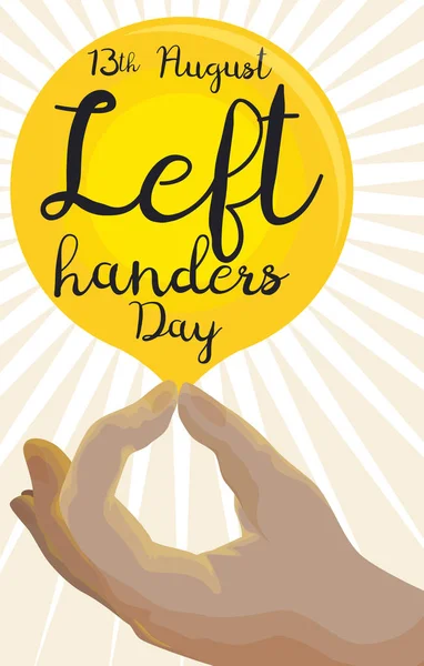 Hand hält ein brillantes Etikett für den internationalen Linkshändertag, Vektor-Illustration — Stockvektor