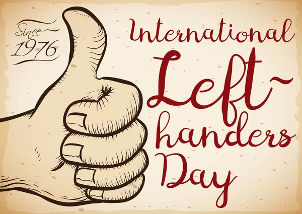 Hand Drawn Left Hand over Scroll for International Left-handers Day, Vector Illustration — Stock Vector