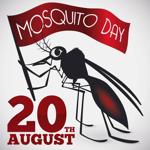 Θηλυκό κουνούπι κρατώντας μια σημαία για την παγκόσμια ημέρα κουνουπιών, διανυσματικά εικονογράφηση — Διανυσματικό Αρχείο