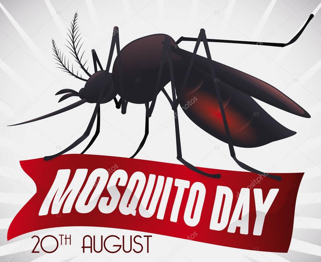 Commemorative Design with Mosquito over Ribbon for World Mosquito Day, Vector Illustration