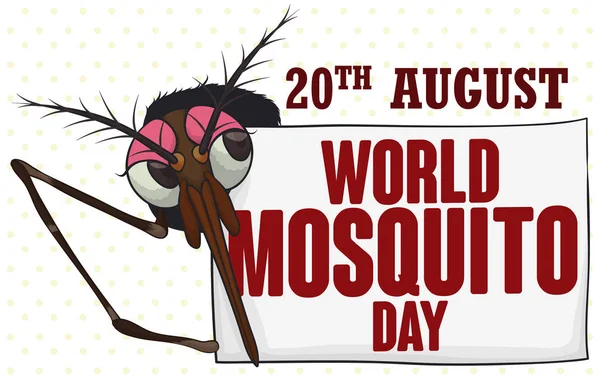 Mosquito femenino detrás de una señal de saludo para el Día Mundial del Mosquito, ilustración vectorial — Vector de stock