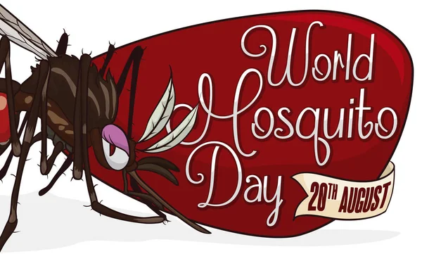 Female Mosquito over Sign and Ribbon for World Mosquito Day, Vector Illustration — Stock Vector
