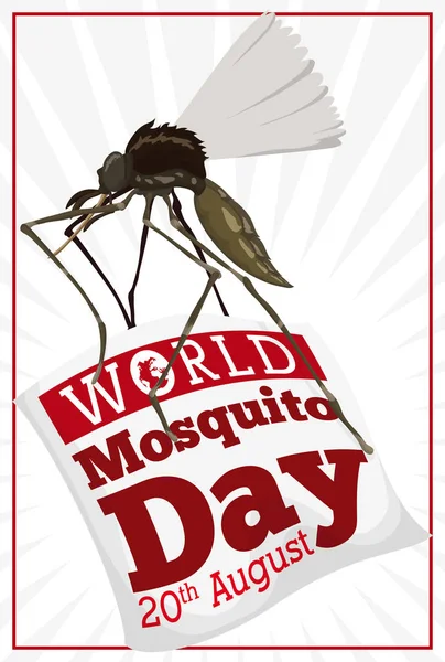 Moquito volando y llevando un cartel para el Día Mundial del Mosquito, ilustración vectorial — Vector de stock