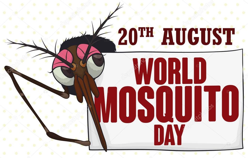 Female Mosquito behind a Greeting Sign for World Mosquito Day, Vector Illustration