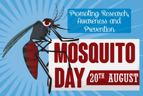 Θηλυκό κουνούπι πάνω χαιρετισμό σημάδι και ΔΙΔΑΓΜΑΤΑ για το ημέρα κουνουπιών, διανυσματικά εικονογράφηση — Διανυσματικό Αρχείο