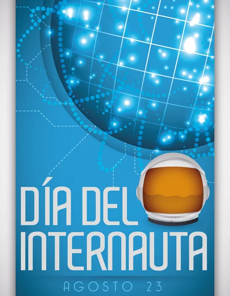 Des connexions réseau éclatantes et un casque d'astronaute pour la journée des internes espagnols, illustration vectorielle — Image vectorielle