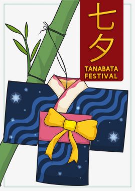 Yıldızlı kağıt Kimono bir bambu şube Tanabata için vektör çizim astı.