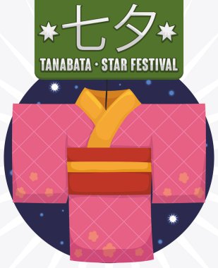 Origami Kimono veya Kamigoromo Tanabata, vektör çizim için yıldızlı etiketteki