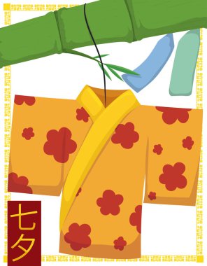 Bambu şube kağıt Kimono (Kamigoromo) asmak için Tanabata, vektör çizim