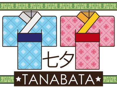 Erkek ve dişi kağıt kimono Tanabata, düz stilde illüstrasyon vektör