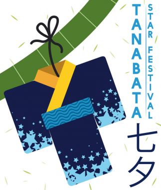 Yıldızlı Origami Kimono veya Kamigoromo altında bambu dal Tanabata, vektör çizim için