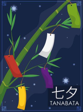 Tanabata, vektör çizim için bambu ve Tanzaku kağıtları ile yıldızlı gece görünümü