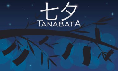 Tanabata bambu ve Tanzaku kağıtları, vektör çizim ile yıldızlı gece görünümü