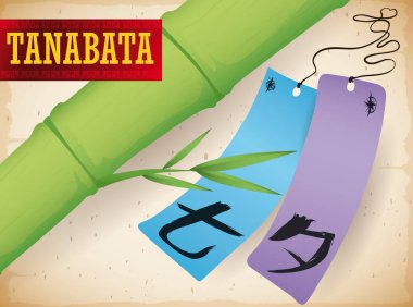 Takılar, bambu ve etiket Tanabata, kutlamak Tanzaku etiketleri illüstrasyon vektör