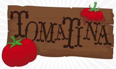 Wooden Sign with Tomatoes to Celebrate the Tomatina Festival, Vector Illustration clipart