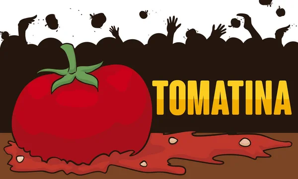 トマティーナ イベント、ベクトル図でトマトを投げる人々 のシルエット デザイン — ストックベクタ