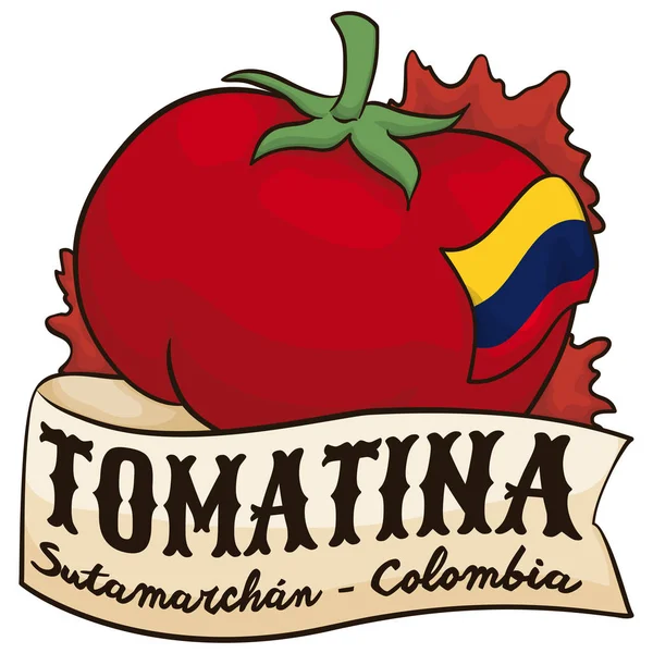 Evento de Tomate, Cinta y Bandera Colombiana para Tomatina en Sutamarchan, Vector Illustration — Archivo Imágenes Vectoriales