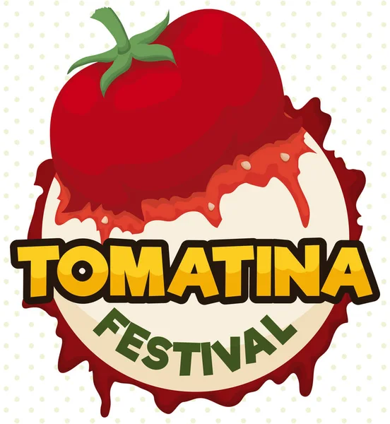 Ilustracja wektorowa poplamiony pomidor w okrągły przycisk Tomatina Festival, — Wektor stockowy