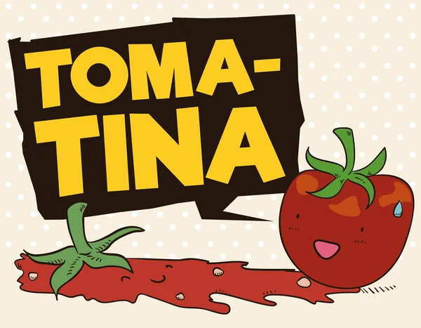 Schattig tomaat spatte en andere verrast voor Tomatina Festival, vectorillustratie — Stockvector
