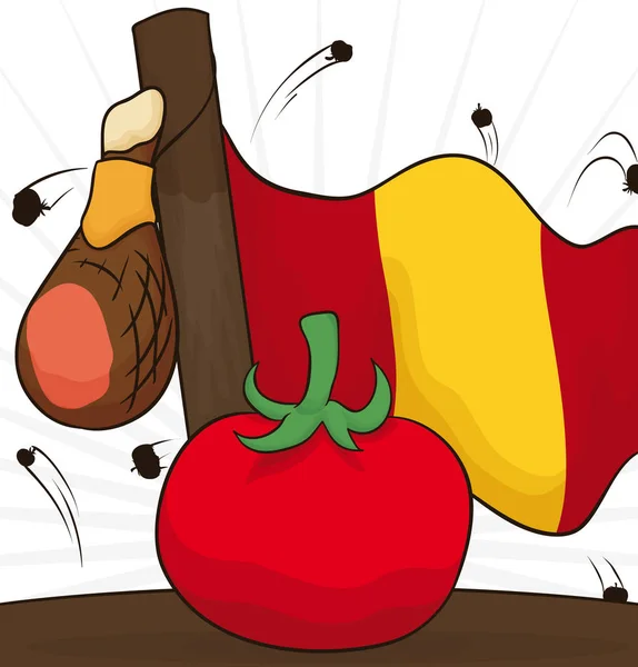 Παραδοσιακά στοιχεία για Tomatina: ζαμπόν, σημαία και ντομάτες για Φεστιβάλ, εικονογράφηση διάνυσμα — Διανυσματικό Αρχείο