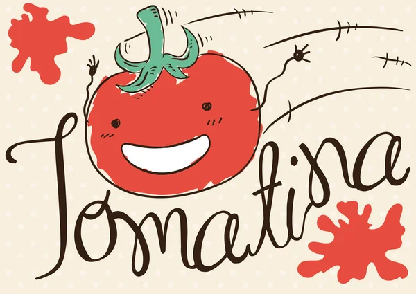 トマティーナ祭りを祝う全速力で飛んでかわいいトマト ベクトル イラスト — ストックベクタ