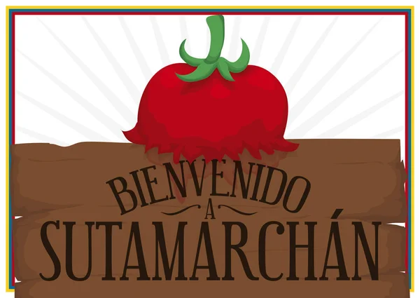 VÍTAJÍCE znaménko Tomatina Festival v Sutamarchan, Kolumbie, vektorové ilustrace — Stockový vektor