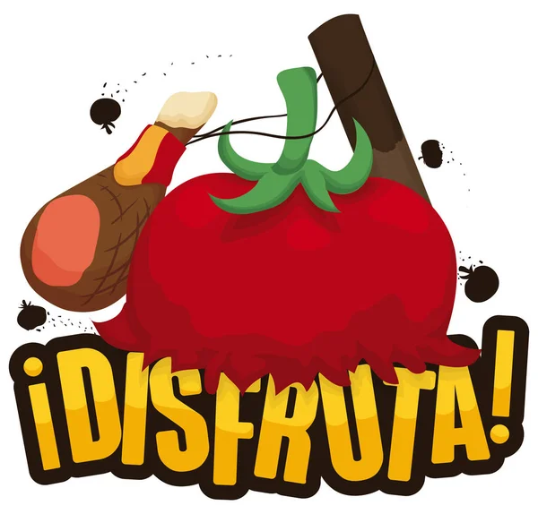Ham, Palo Jabon and Tomatoes to Enjoy the Tomatina Festival, Vector Illustration — Stock Vector